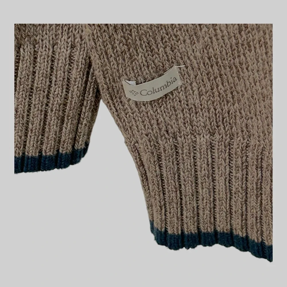 Columbia Mens Full Zip Knit Cardigan Sweater XL Beige Tan Cotton Heavyweight EUC